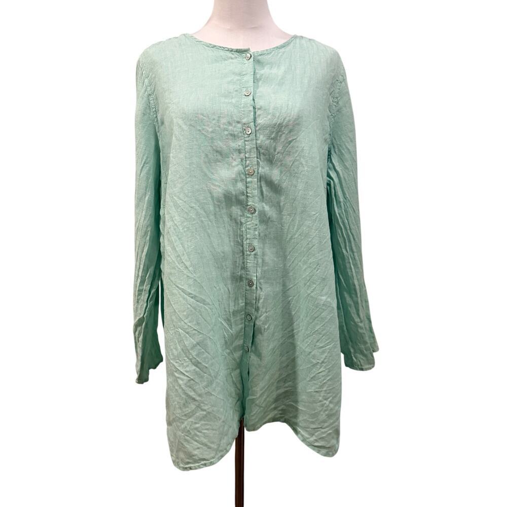 Tahari 100% Linen Button Front Tunic Top Mint Green Long Sleeve 1x Preppy Luxe